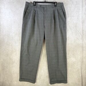 Geoffrey Beene Dress Pants Men 38x30 Gray Windowpane Business Casual Office